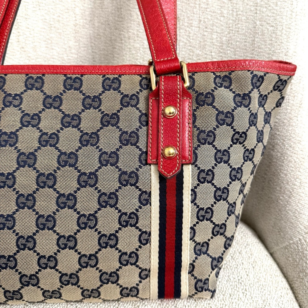 Authentic Gucci Sherry Line tote bag grey canvas red leather - Picture 5 of 16